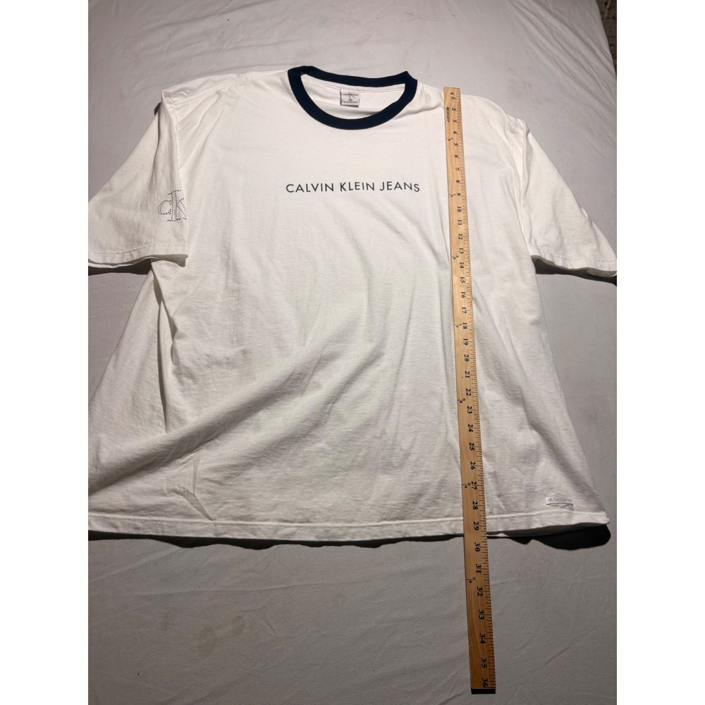 Vintage Calvin Klein Jeans Ringer T-Shirt White Navy Logo Made in USA XXL